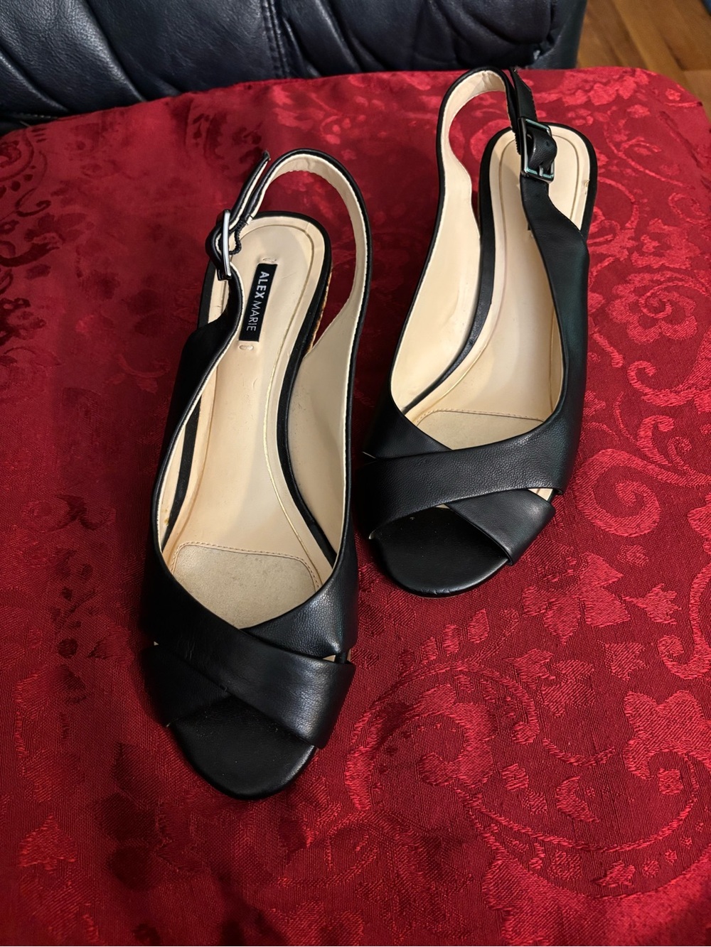 Alex Marie Black Leather Crisscross Slingback Wedges